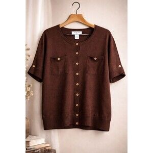 Judith Hart Silk Blend Cardigan 1X Brown Knit Y2K Button Front Minimalist Layer